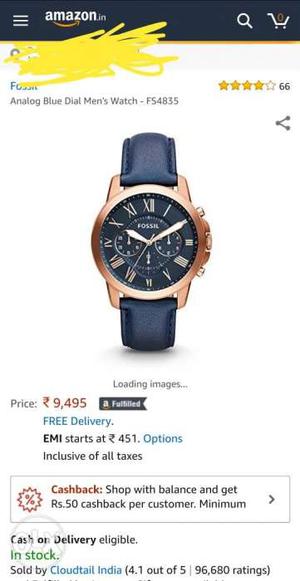 Fossil Round Gold-colored Chronograph Watch With Blue