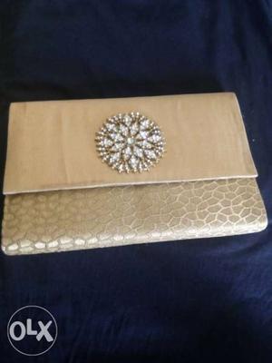 Gold Leather Long Wallet With Floral Gemstone Encrusted