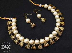 Gold-colored-and-white- Pearl Necklace And Earrings