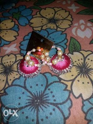 Homemade pink colour silk therd jhumka earrings