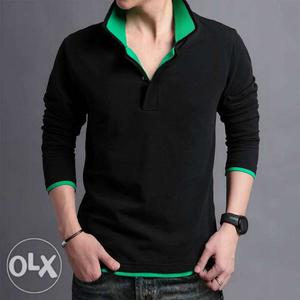 Men's Black And Green Long-sleeved Polo Shirt
