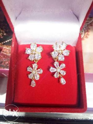 Pair Of Gold-colored Diamond Encrusted Earrings With Box