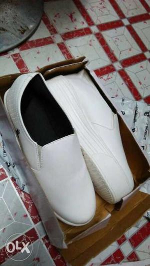 Pair Of White Leather Slip-on Shoes With Box