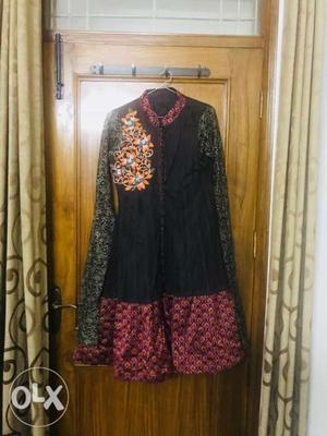 Party wear raw silk suit with heavy sleevs work &
