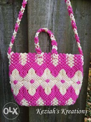 Pink And White Knitted Tote Bag
