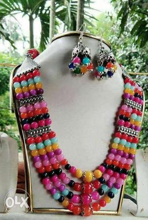 Pink, White, And Green Beaded Necklace