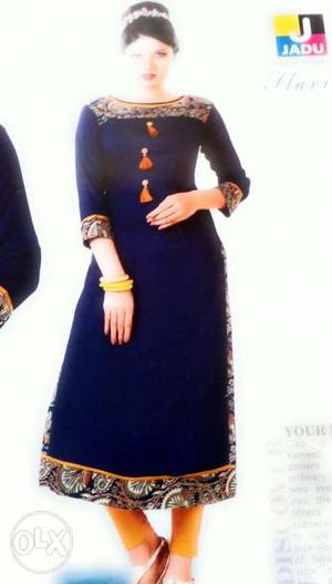 Women's Blue And Orange Churidar Kameez Dress