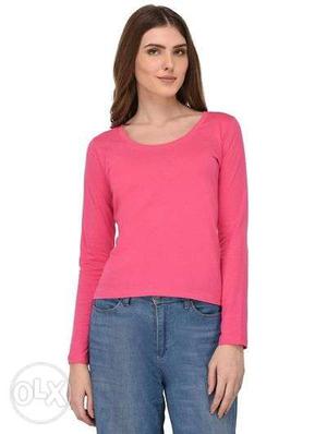 Women's Pink Scoop-neck Sweatshirt And Blue Denim Bottoms