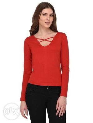 Women's Red V-neck Long-sleeved Shirt And Black Bottoms