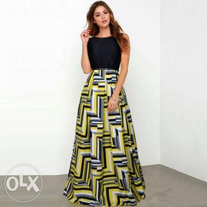Designer Women's Black And Yellow Sleeveless Dress