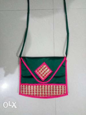 Green And Pink Fabric Crossbody Bag