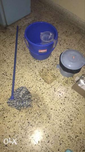 Mop(hardly used), dust bin, bucket and mug for