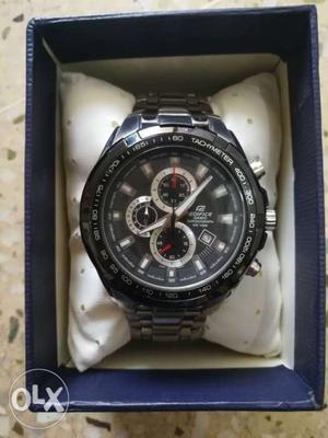 Round Black Chronograph Watch With Link Bracelet