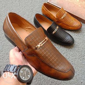 Three Brown And Black Leather Slip-on Shoes