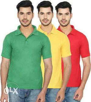 Three Men's Yellow, Green, And Red Polo Shirts
