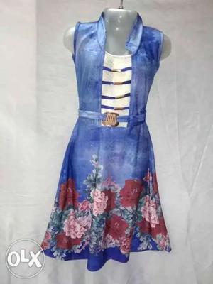 Women's Blue And Red Floral Sleeveless Dress 100 sa200 tak h