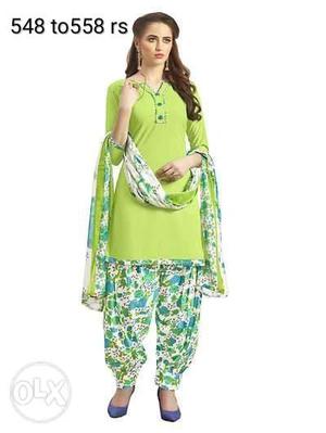 Women's Green And White Floral Salwar Dress With Text