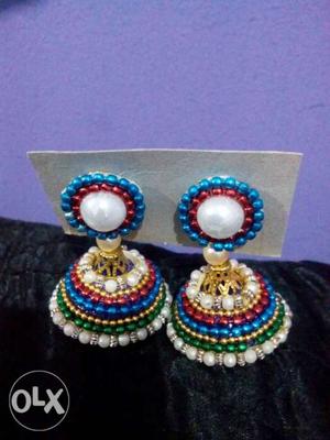 Pair Of Blue-white-and-red Beaded Jhumkas Earrings
