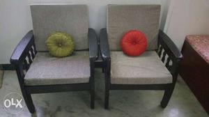 Sofa Set with Black Teak Wooden Framed Gray Padded Armchairs