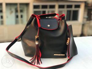 Women's Black And Red Leather Shoulder Bag