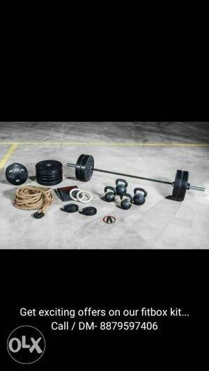 Black Barbell. Weight Plates, Kettle Bell