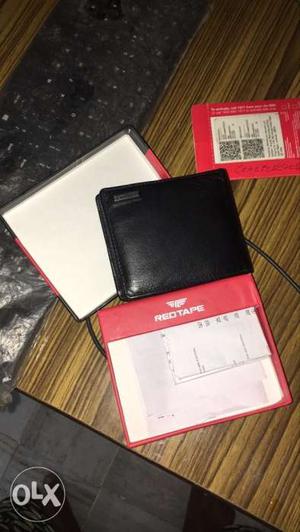 Black Red Tape Leather Bifold Wallet With Box