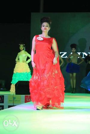 Blood red full floor length evening gown wid