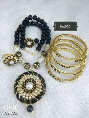 Gold-colored Bangles And Beaded Necklace