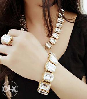 Gold-colored Clear Gemstone Bracelet, Ring, And Necklace