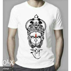Men's White And Black Hanuman Printed Crew-neck T-shirt