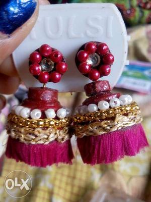 Pair Of Red And Gold-colored Jhumka Earrings
