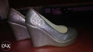 Pair Of Women's Silver Glitter Wedge Sandals