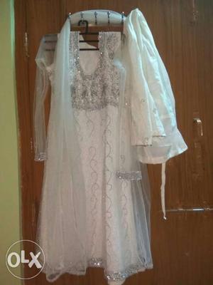 White party wear dress cotton and net mixed