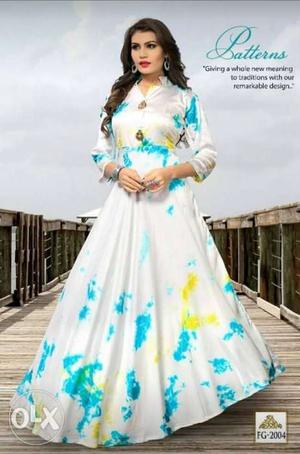 Women's White And Blue Floral Abaya Dress