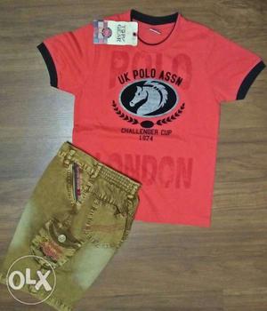Brand new Red Crew-neck T-shirt And Beige Denim Shorts for