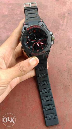 CASINO Round Black Chronograph Watch With Black Rubber Strap