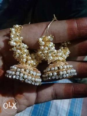 Pair Of Jeweled Gold-colored Jhumka Earrings