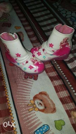 Pair Of White-and-pink Floral Boots
