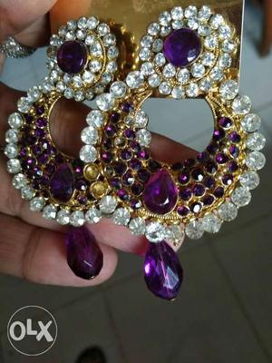 Pair Of antique design purple stoned golden Chand Bali