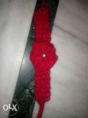 Red Knit Headband With Flower Accent