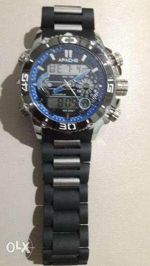 Round Blue And Silver Chronograph Watch With Link Bracelet