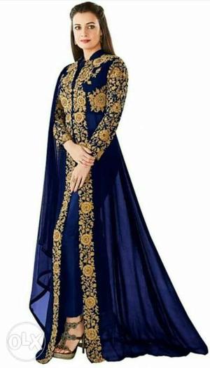 Women's Blue And Brown Floral Long Sleeve Dress