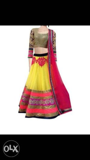 Women's Brown,yellow, And Red Leagha Choli dupatta