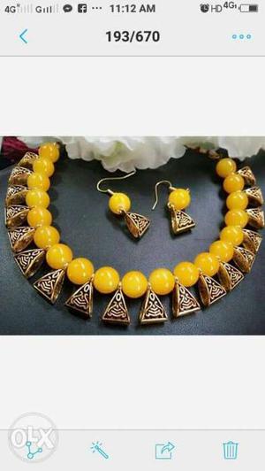 Yellow And Brown Necklace With Earrings Set