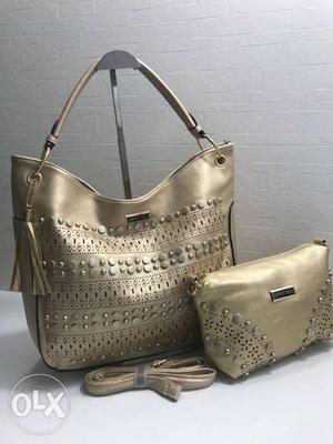 Gold Leather Shoulder Bag And Pouch Set