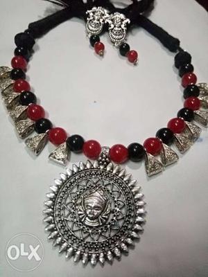 Oxidised silver color jewelry in red and black