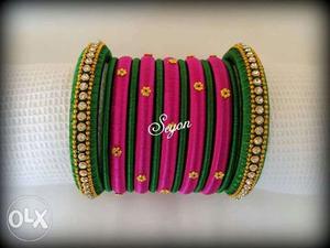 Pink, Green, And Yellow Thread Bangles