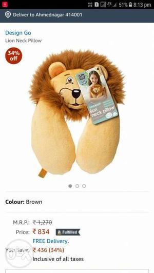 Toddler's Brown Design Go Lion Neck Pillow