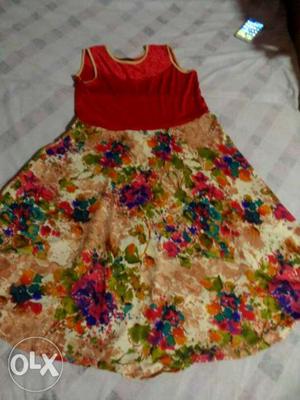 Women's Red And Yellow Floral Sleeveless Dress