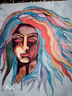 Multicolored-haired Woman Drawing